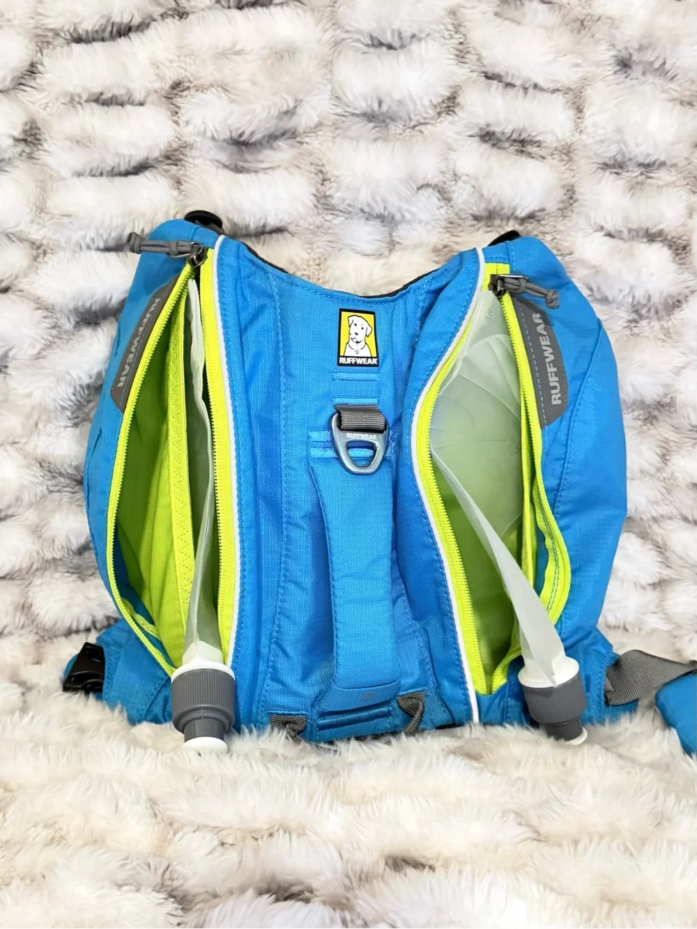 Ruffwear Singletrak Dog Hydration Vest in Bright Blue with Lime Accents